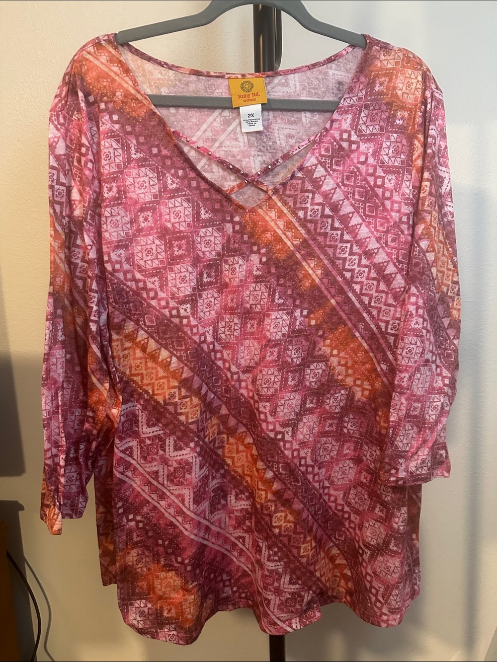 Ruby Rd. Pink & Orange Patterned Crisscross V-Neck Long Sleeve Top